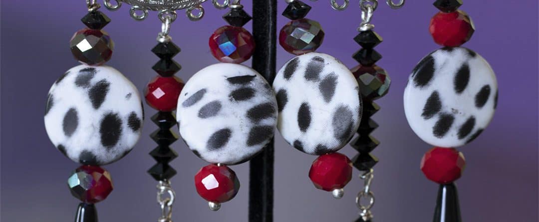 CHeetah print in black and white dangles with red accent clip on earring.