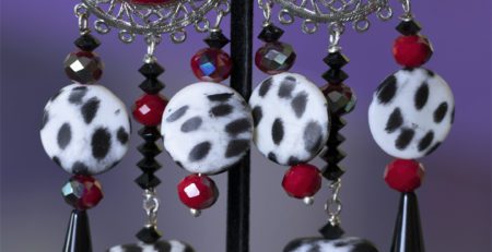 CHeetah print in black and white dangles with red accent clip on earring.