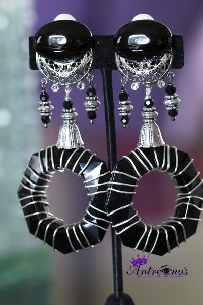 Black silver clip on earrings