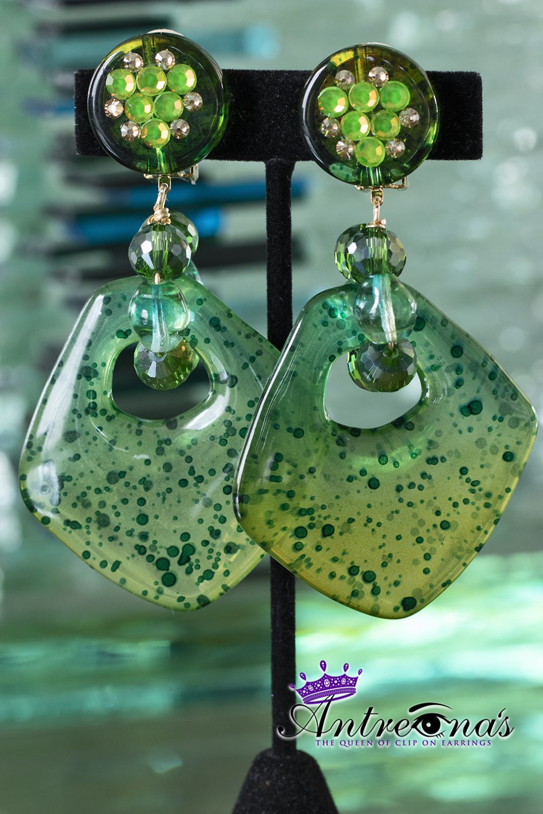 Green Dangle clip on earrings