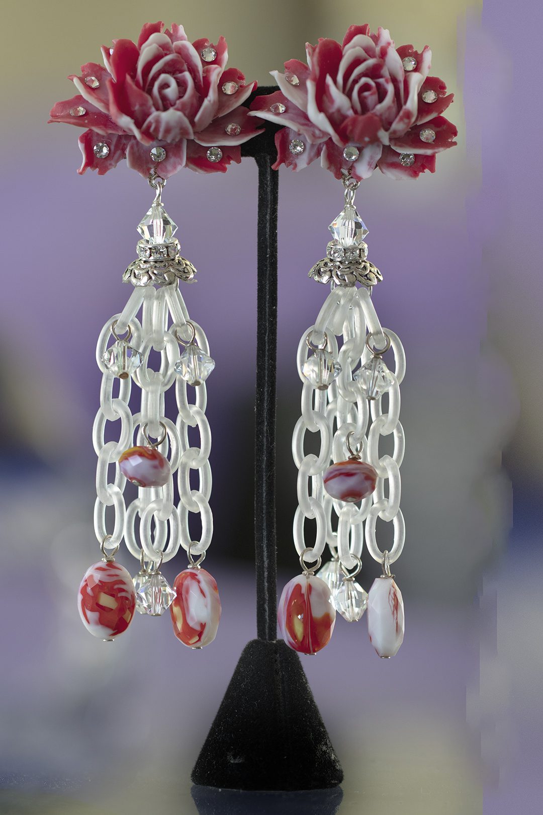 Red white flower earrings
