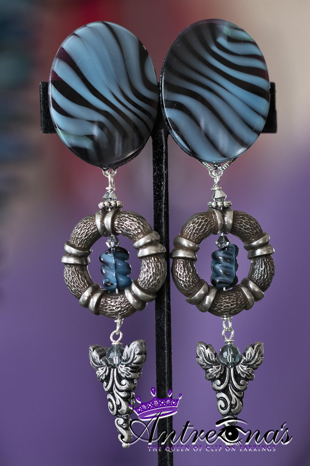 Blue stripe tiger clip on earrings