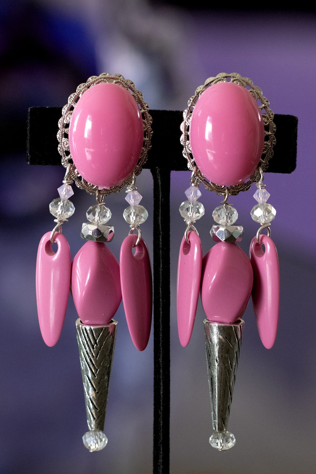 Pink dangle clip on earrings