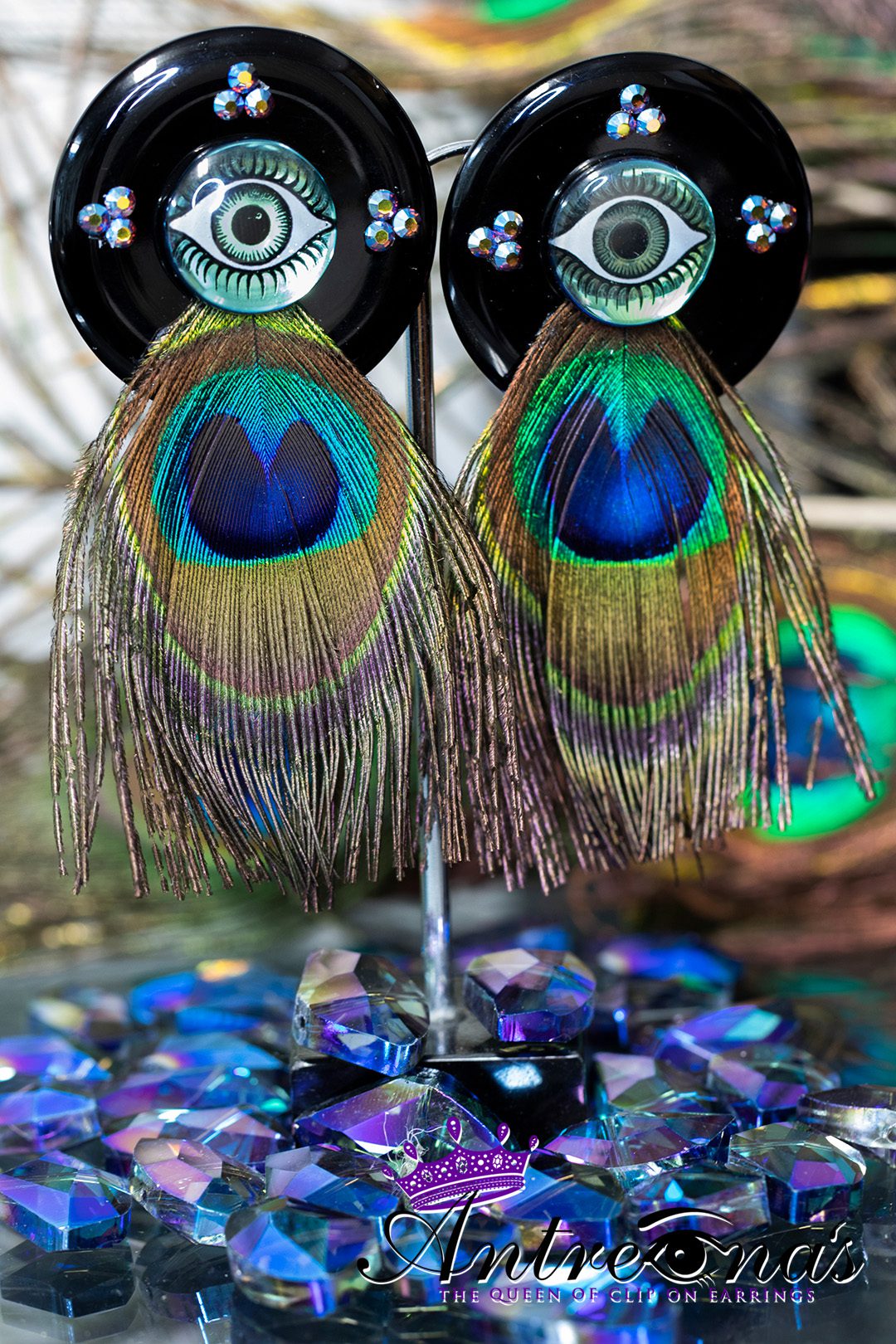 Peacock green blue brown feather un-pierced earrings