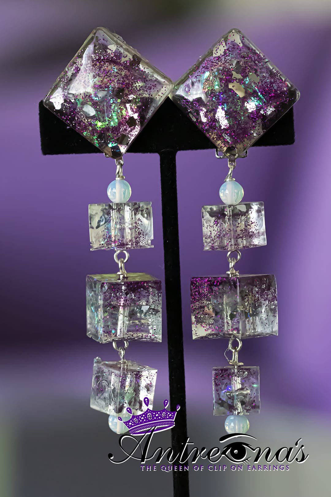 Comfortable clip earrings with cube beads.