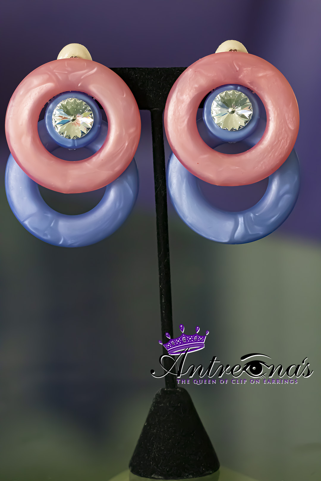 Comfortable no-pain clip-on earrings/Pink/Blue/Circles/Premium Crystal/Ear Toppers