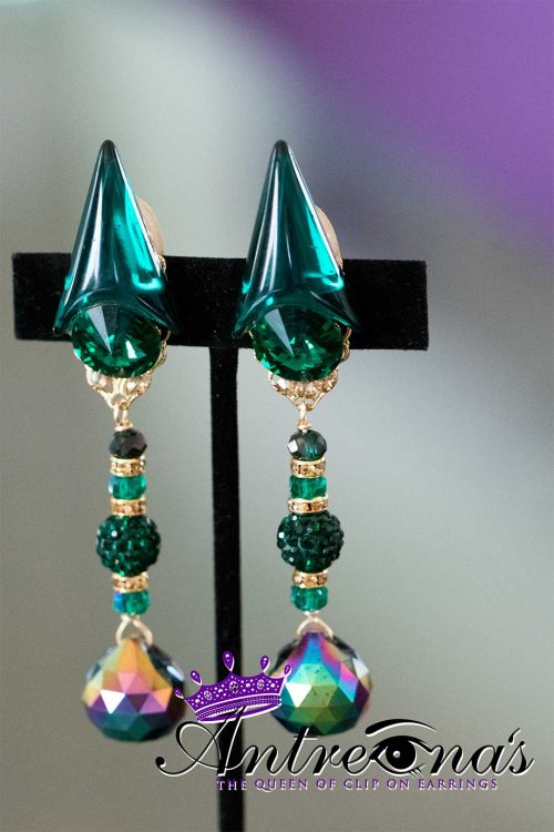 Emerald exotic comfortable clip on earrings with accenting colors on drop.