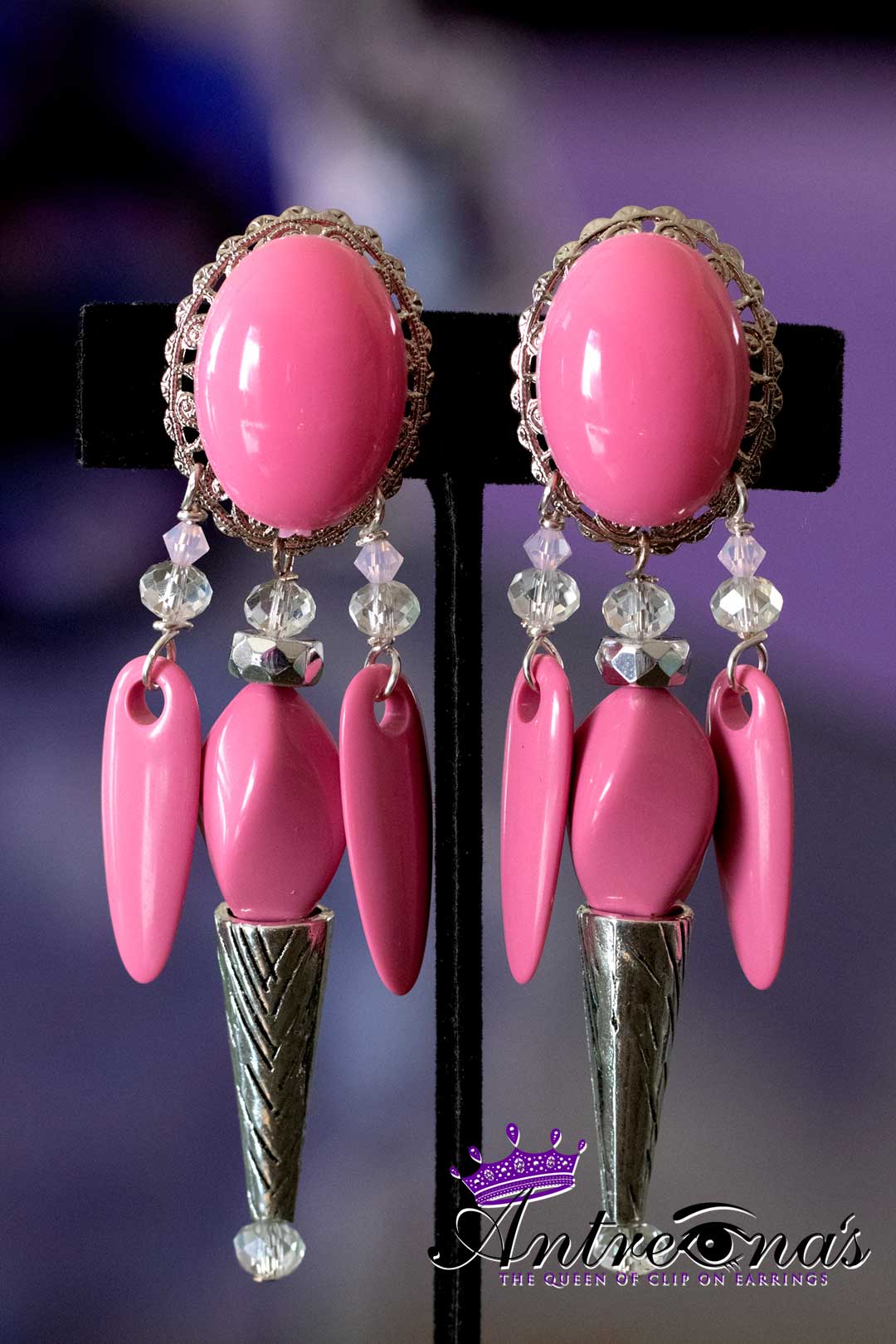 Pink dangle exotic clip on earrings