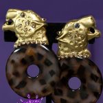 Brass tiger head/Animal print Lucite finding/Light Colorado Crystal Detail/Clip On Earrings/ "Artwork for Your Ears" 1 1/4"