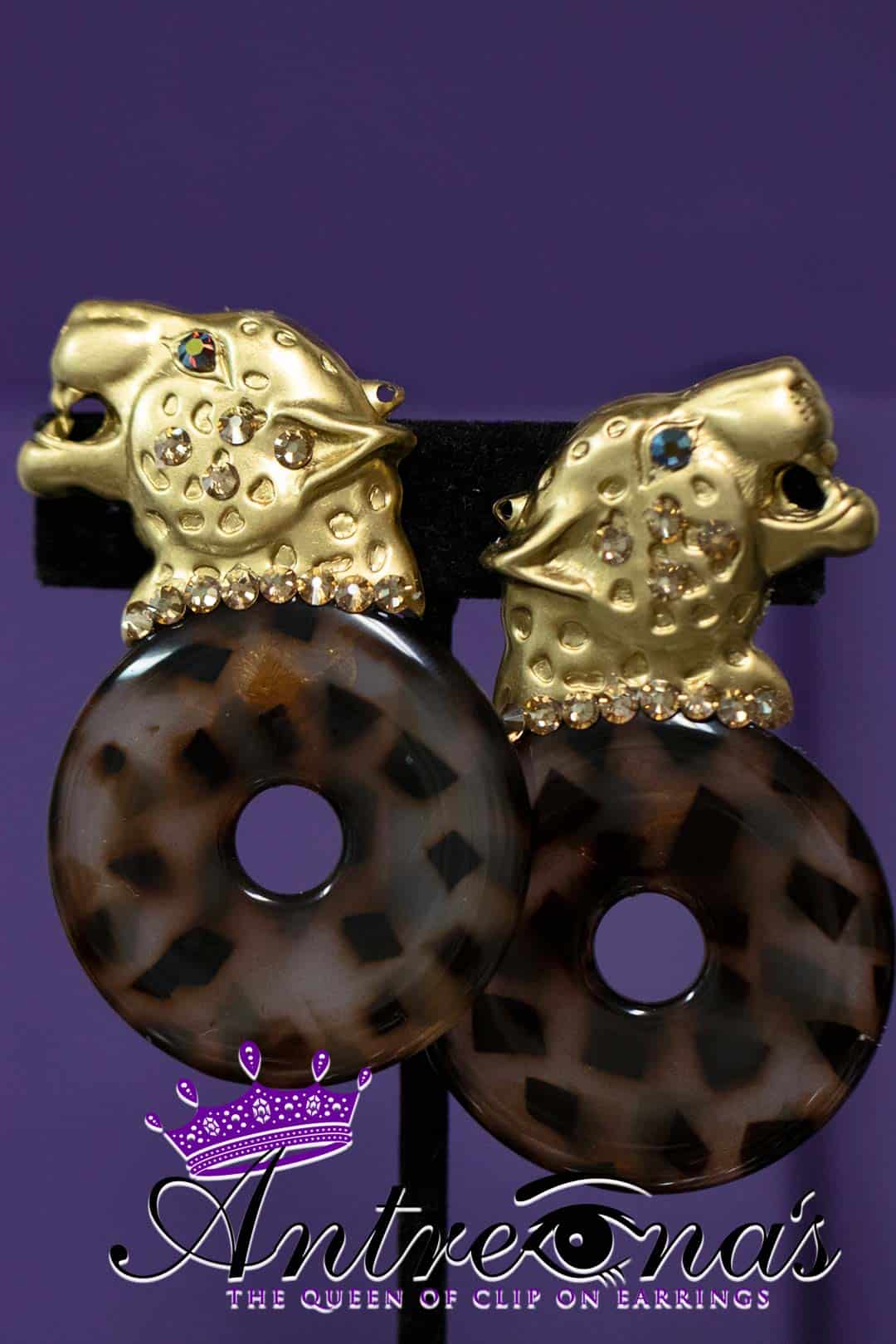 Brass tiger head/Animal print Lucite finding/Light Colorado Crystal Detail/Clip On Earrings/ "Artwork for Your Ears" 1 1/4"