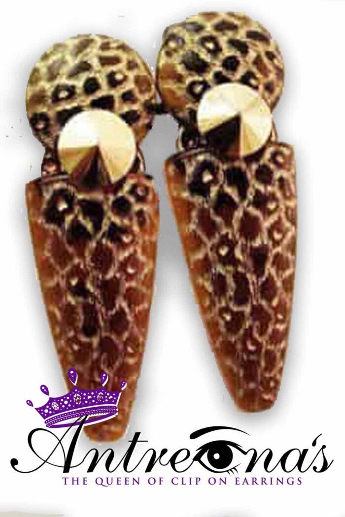 Animal Print gold and brown leopard pattern on the ear. Golden Brown center crystal.