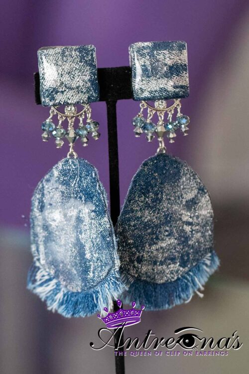 Lightweight painless comfortable clip on earrings created from manipulated denim fabric