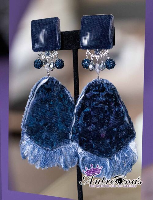 Denim blue fringe fearless clip on earrings.