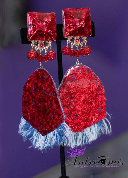 Denim Sizzling Red Clip Earrings are a bold expression of contrast and texture